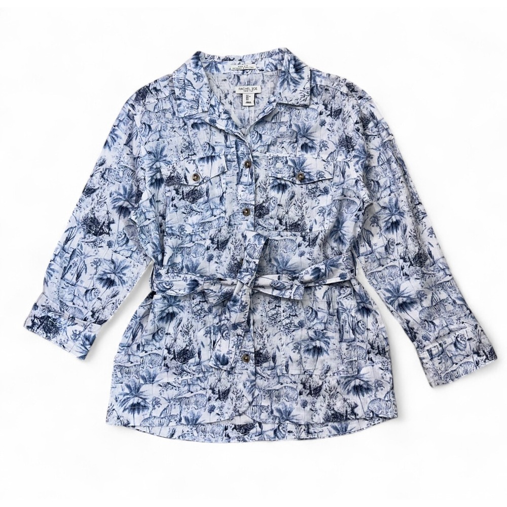 Rachel Zoe 100% Linen Blue Safari Button Up Barn Jacket Top Animals Belted Large